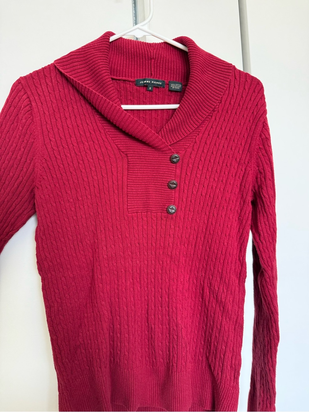 JEANNE PIERRE Raspberry Cable-Knit Shawl Collar Sweater